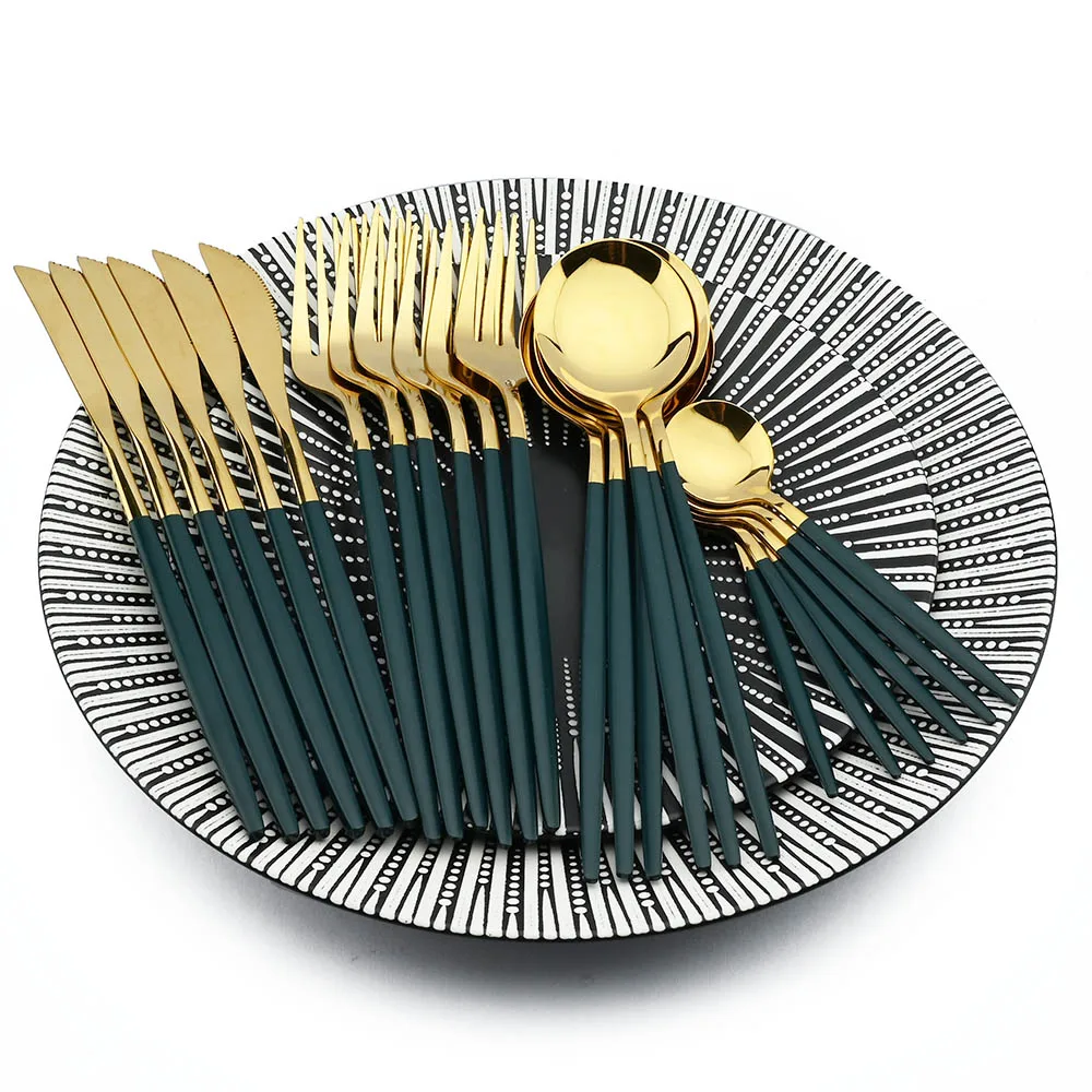 24Pcs Stainless Steel Dinnerware Set Kitchen Green Gold Cutlery Set Knife Fork Spoon Flatware Tableware Western Silverware Set