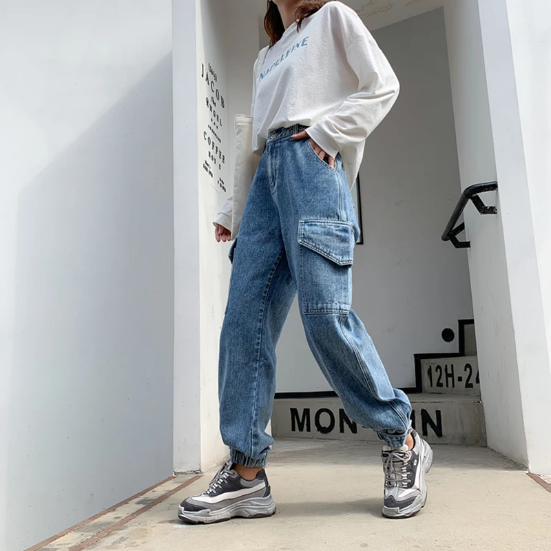 

Varofi elastic waist loose cargo pants women's work jeans pockets jeans Korean fashion streetwear jeans women's denim trouser