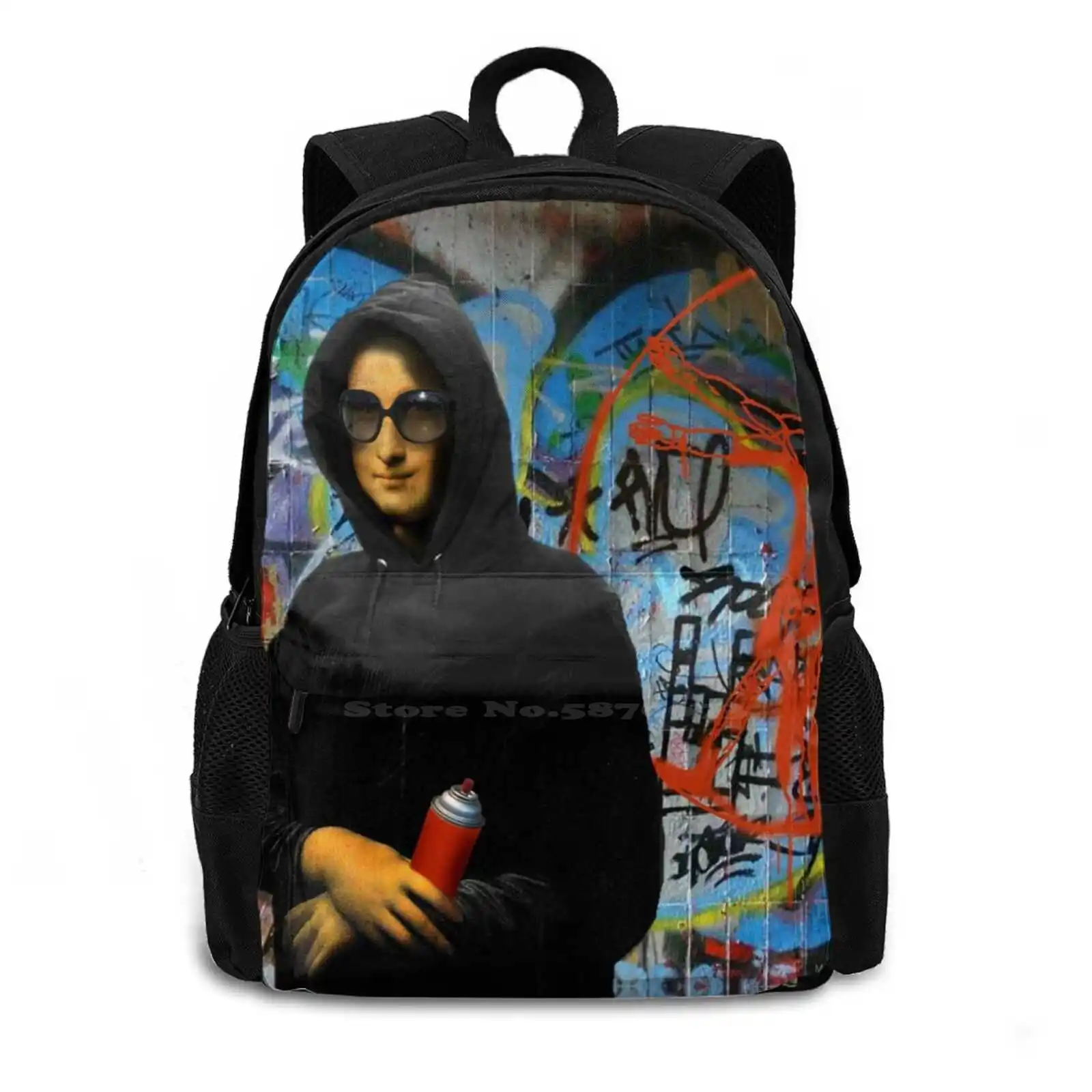 Mona L Aka Foxy Lisa Backpacks For School Teenagers Girls Travel Bags Mona Lisa Graffiti Da Collage