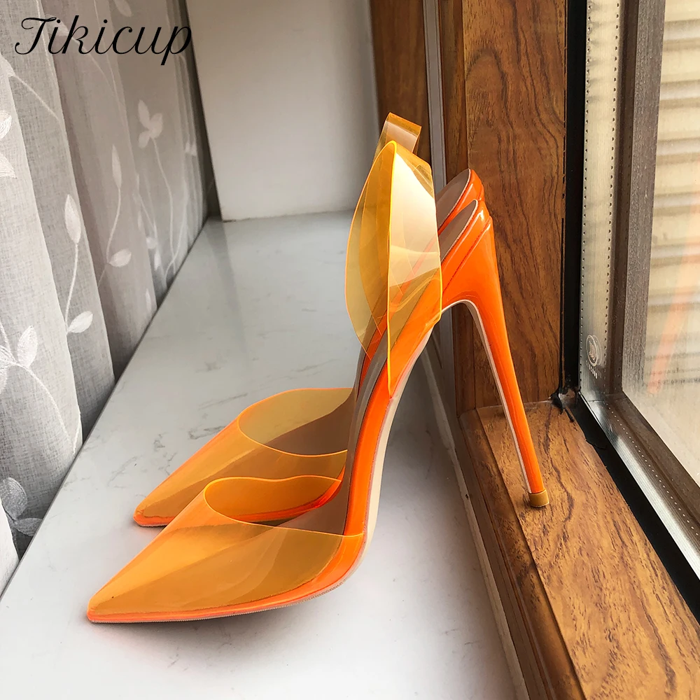 Tikicup Orange Summer Women Transparent Soft PVC Pointy Toe High Heel Slingback Shoes Jelly Stiletto Pumps Colors Customizable