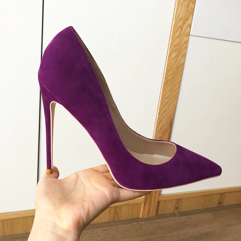 Veowalk Deep Purple Women Flock Fabric Pointed Toe Elegant Stiletto Pumps Classic High Heel Shoes 8cm 10cm 12cm Color Customize