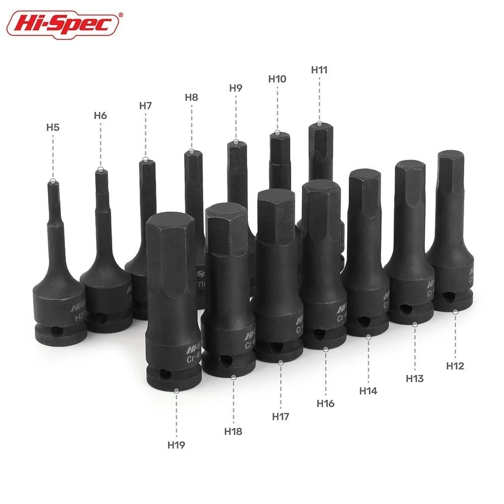 Hi-Spec 1/2 Impact Screwdriver Hex Bit Socket Heavy Duty Electric Wrench Drill Adapter H5 to H19 Cr-Mo Hand Tool for Auto Repair