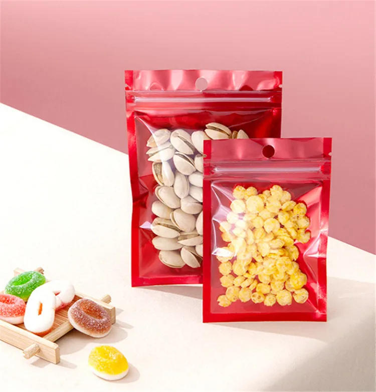 100PCS Clear Front Glossy Red Flat Plastic Zipper Storage Bag Resealable Sugar Snack Coffee Spice Jewelry Packaging Pouches