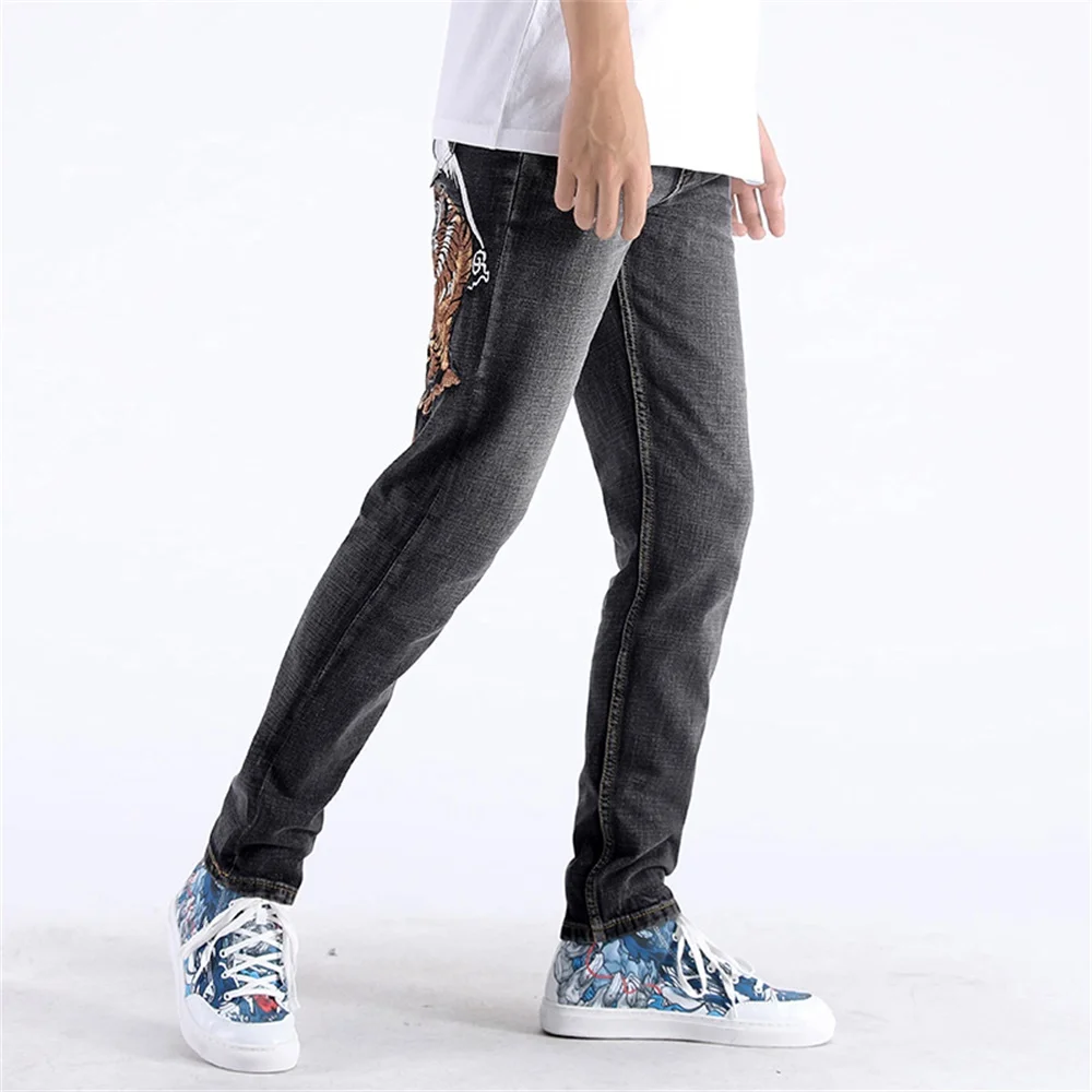 EH · MD® Tide Brand Men's Tiger Embroidered Jeans Men's Chinese Retro Small Straight Loose Large Size Gray Trousers Gold Silk