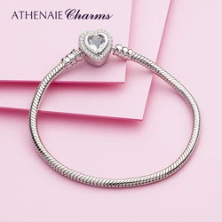 ATHENAIE Authentic 100% 925 Sterling Silver Snake Chain Bangle & Bracelet with CZ Love Heart Clasp Charms Bracelets for Women
