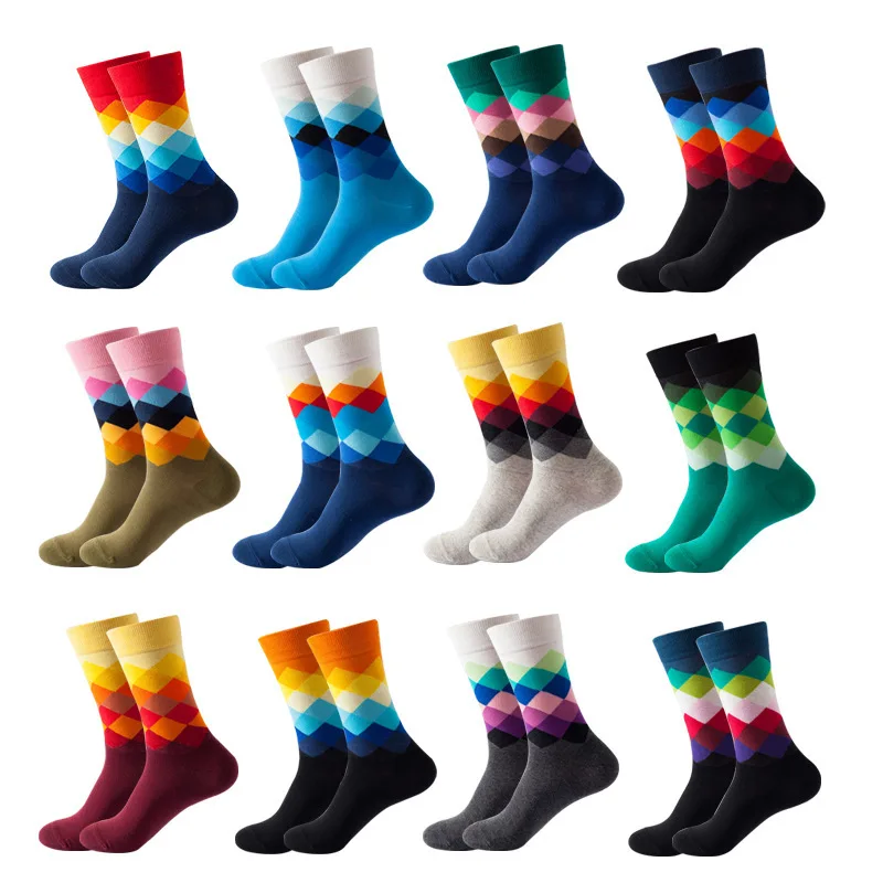 Autumn 1 Pair Of Men's Rhombus Cotton Color Combing Socks Casual Men's Socks Funny Knit Printed Cartoon Novelty Socks Gifts