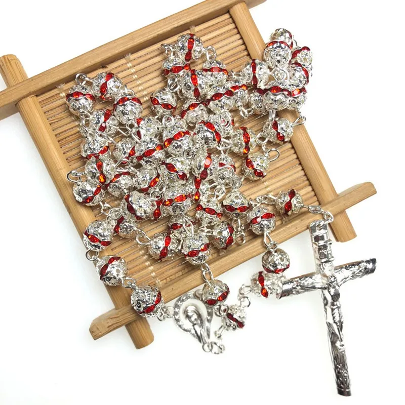 8mm red silver plated rhinestone rosary religious crystal bead necklace with jesus cross and virgin mary roary center