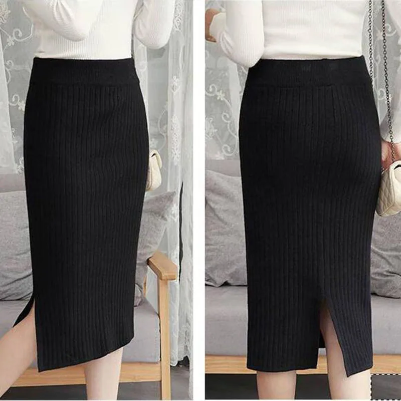 50-60-70 CM Fashion Autumn Winter Korean Knitted Women Skirts Elastic High Waist Split A-line Female Sexy Ribbed Skirts