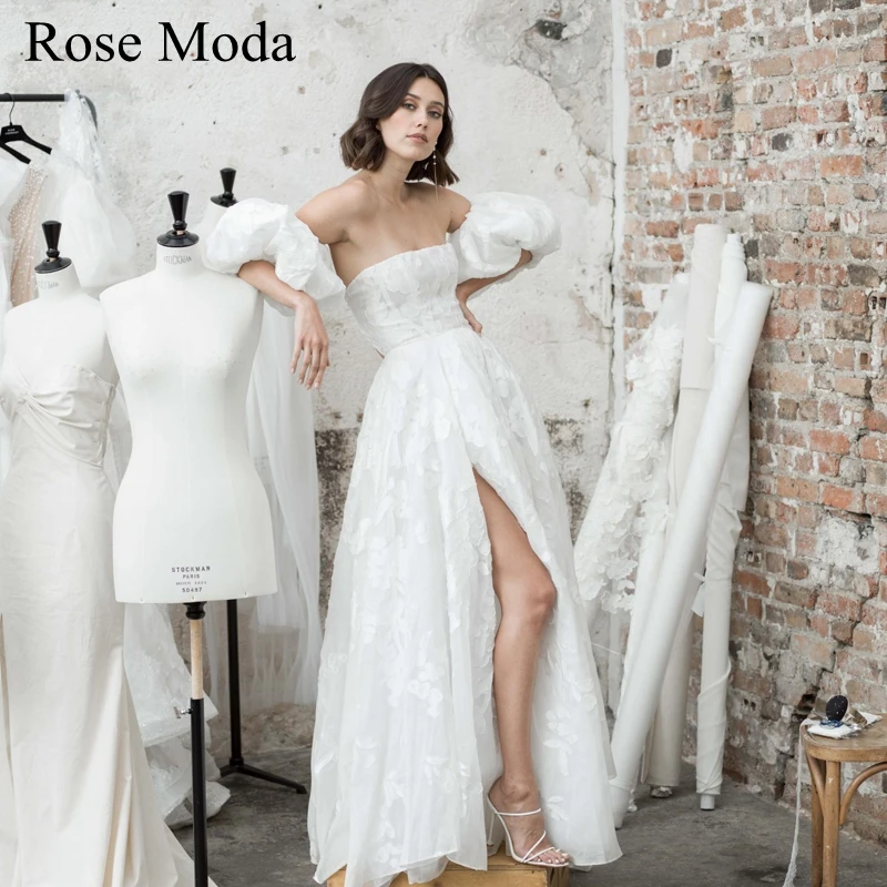 Rose Moda Removable Puff Sleeves Floral Organza Boho Wedding Dress with Slit Backless Destination Bridal Gown