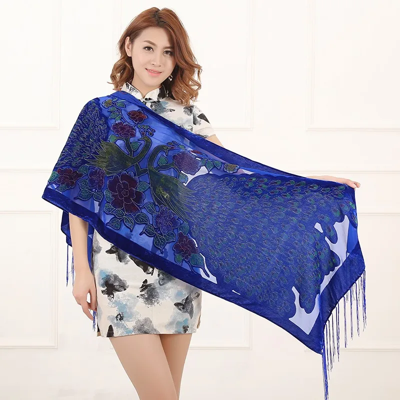 Autumn Winter Shawl Scarf Double Peacock Burnout Velvet Silk Poncho Scarfs Luxury Pashmina Tassel Cloak Female