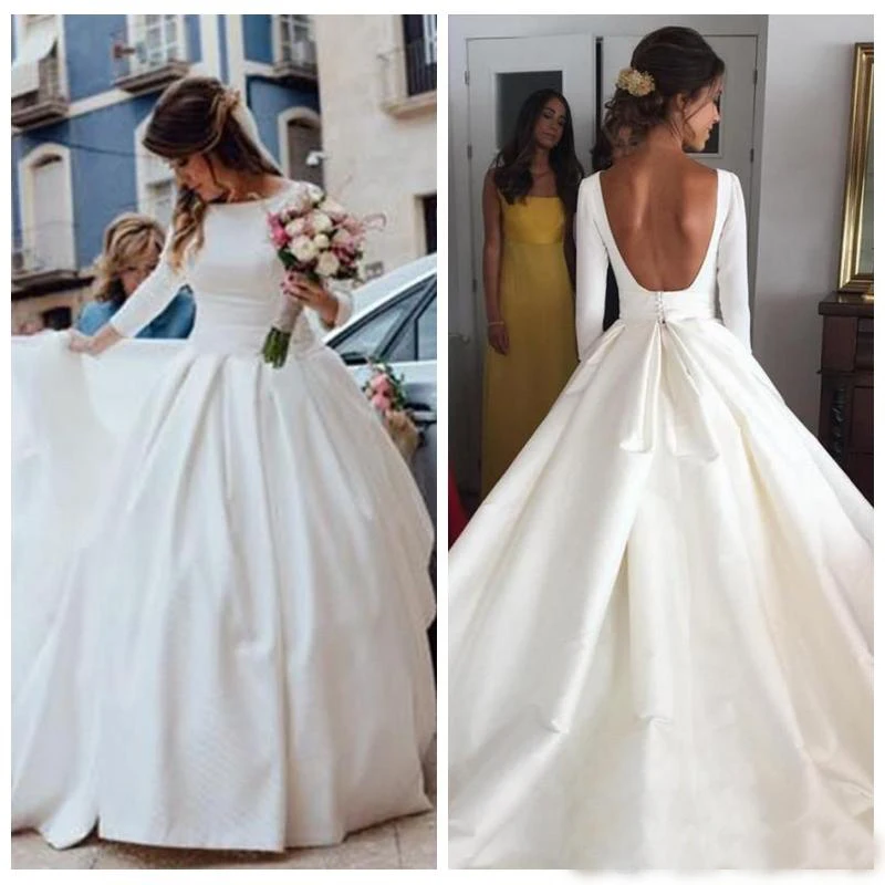 Vestidos de novia de satén de manga larga con Espalda descubierta, blanco, talla grande