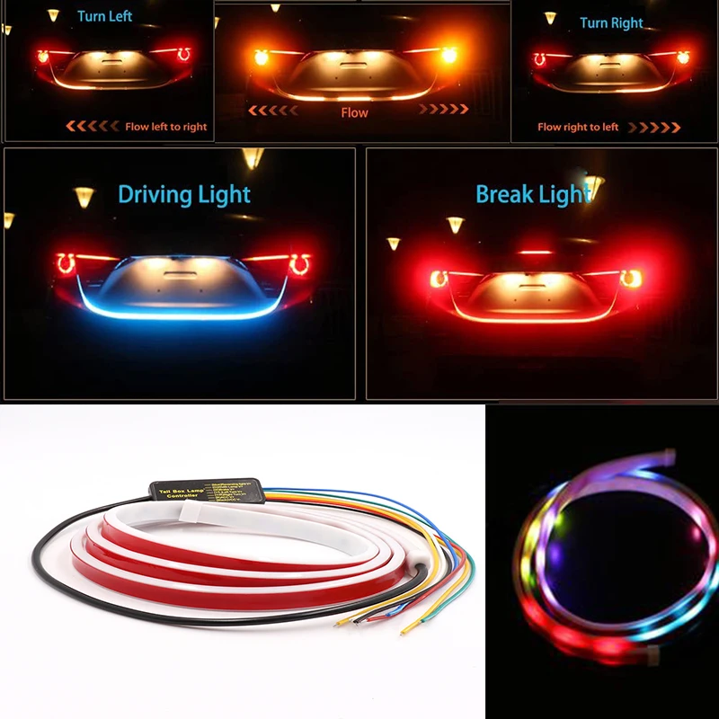 Car LED Trunk Tail 120cm Strip Multicolor RGB Dynamic Streamer Reverse Warning Strips Auto Additional Brake Turn Signal Lamp