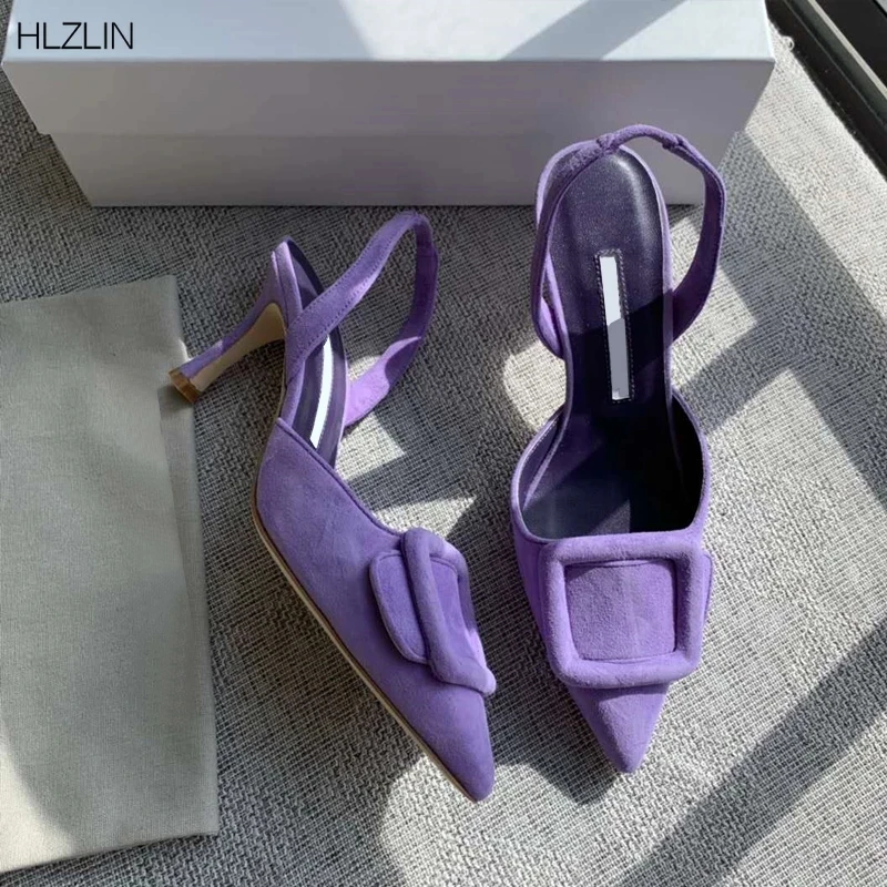 Sexy pointed toe heeled buckle sandals woman runway high heels high quality sheepskin back strap dress gown shoes slingback