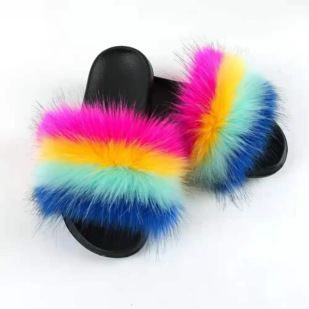 New Faux Fur Slides Women Slippers Girls Fur Slippers Adults Big Size Furry Slippers Faux Fashion Fur Slides Ladies Flip Flops