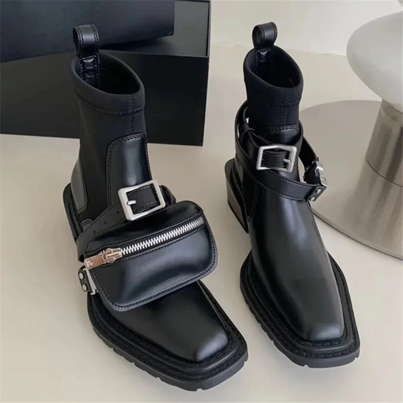 2024 New Square Toe donna stivaletti cinghie tasca calzino elasticizzato stivale femminile tacco grosso stivaletti corti autunno Botas Mujer