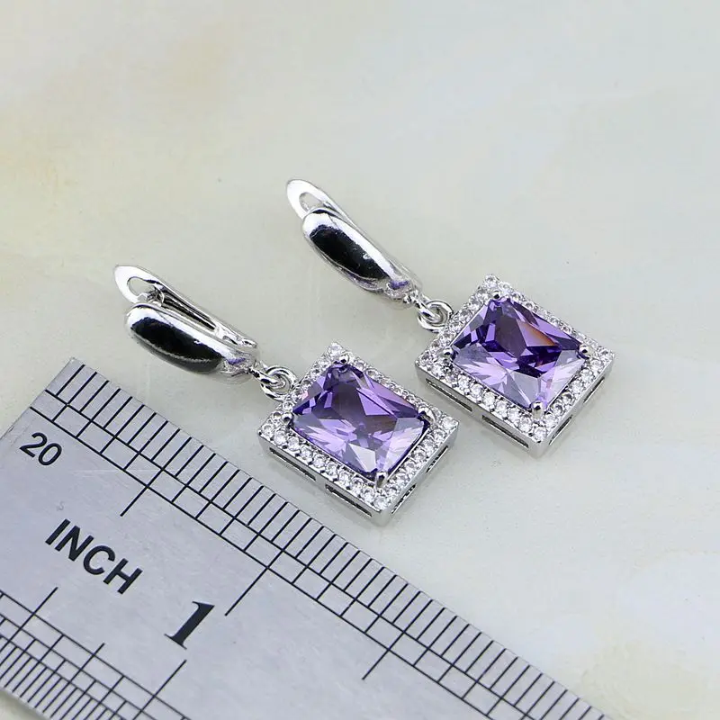 Square Purple Crystal White Zircon 925 Sterling Silver Jewelry Sets For Women Wedding Earrings/Pendant/Necklace/Bracelet/Ring