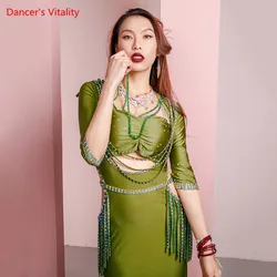 Belly Dance Suit Diamond-Studded Headband+Vest+Dress 3 Pcs Female High-end Tassel drill Long Skirt Bra Performance Clothing Set