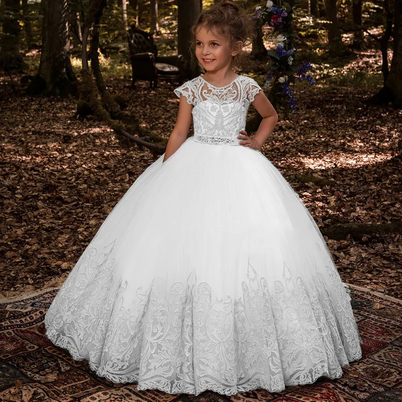 Ball Gown Puffy Tulle Lace Applique Flower Girls Dresses Kids Clothes Little Princess First Communion Party Size Customized FL20