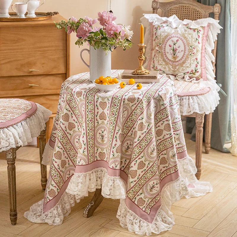 Pink tulip lace tablecloth French pastoral round tablecloth American fresh romantic square cover tablecloth advanced feeling