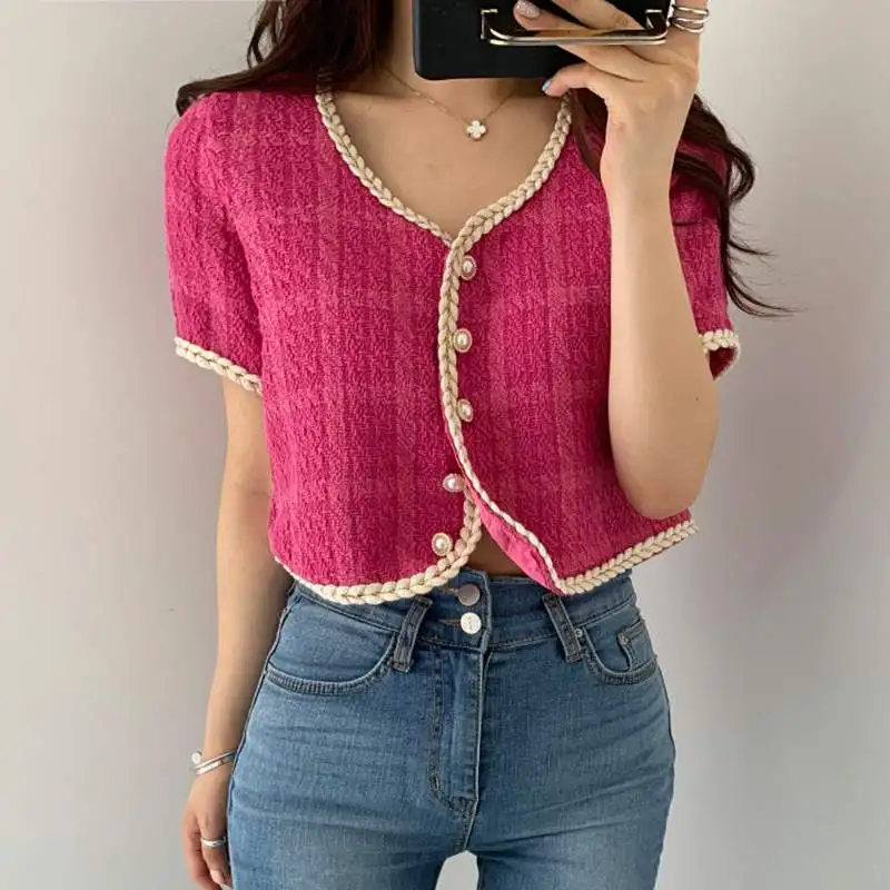 2024 Summer New Elegant Retro Short Korean Plaid Tweed Cardigan Women Fashion Short Sleeved Thin Short Jacket Female Elegant Top