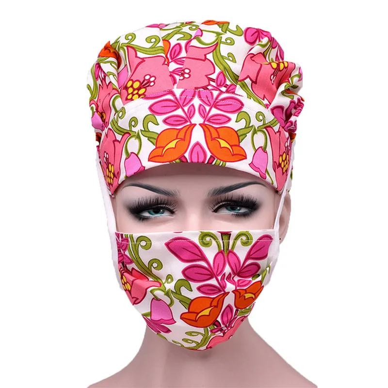 Set di cappellini da donna Scrub cappelli Bouffant in cotone stampato a fiori cappelli regolabili riutilizzabili cappelli da lavoro lavabili accessori