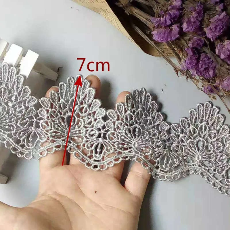 3 yard Gray 7cm Polyester Flower Handmade Embroidered Fabric Lace Trim Applique Ribbon DIY Sewing Craft Decoration