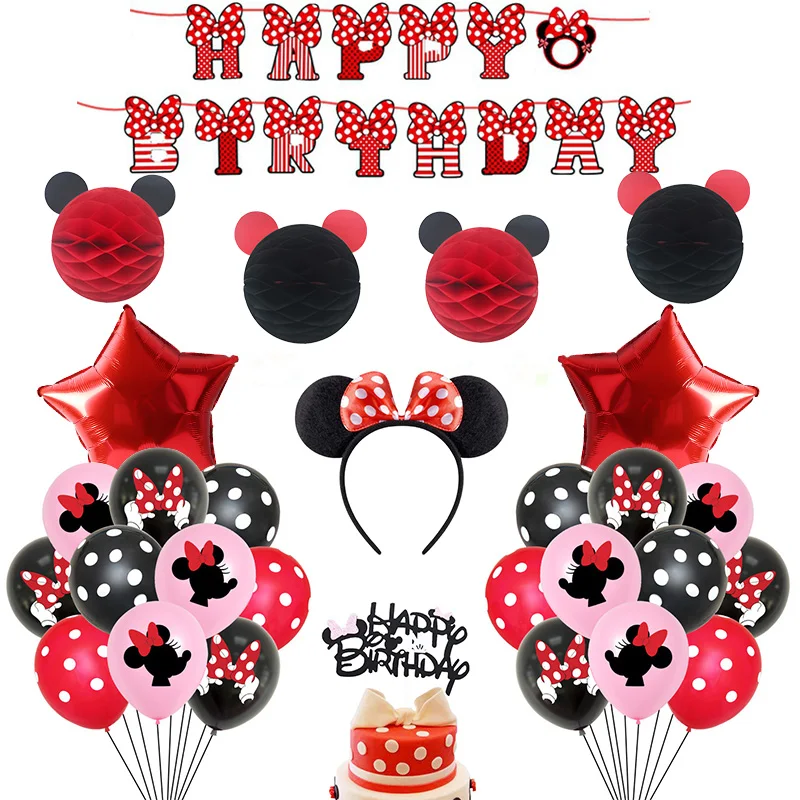 Minnie Mouse Themed Party Supplies Birthday Decorations Red Pink Black for Girls, Ear Headband Banner for Birthday Decoration