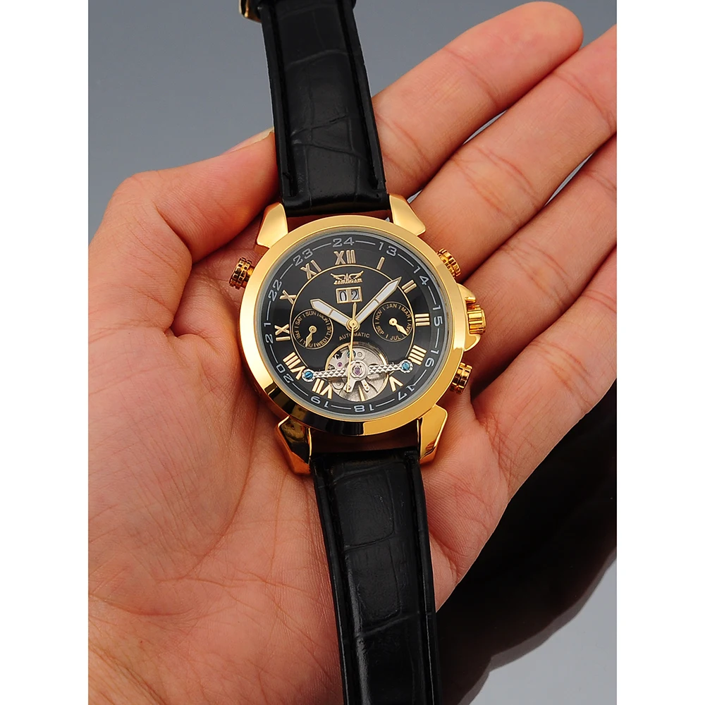 JARAGAR Mens Watches Top Brand Luxury Auto Day Date Self-wind Mechanical Male Clock Skeleton Tourbillon Wristwatch Leather Strap