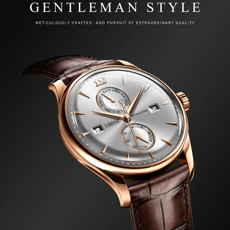 LOBINNI Top Brand Luxury Men Watch Rose Gold Case Genuine Leather Strap Automatic Mechanical Watches Date Week Month Clock