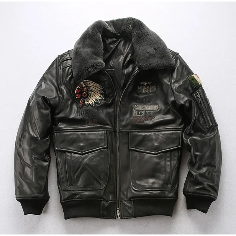 DHL Free Shipping Men\'s Indian Military Pilot Genuine Leather Jacket Vintage Brand Plus Size Jacket Wool Collar Sheepskin Coat