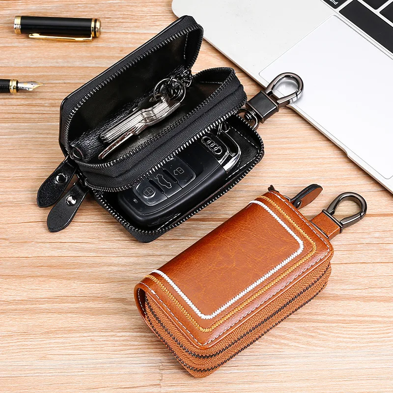 Fashion Genuine Leather Key Wallets Men Simple Car Key Holders Top Quality Double Zipper Keychain Case Women Housekeeper Purse