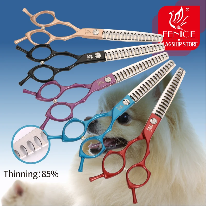 Fenice Jp440c Colorful 6.5 7.0 Inch Stainless Steel Pet 85% Thinning Scissors for Dog Grooming 17 teeth Thinner Chunker