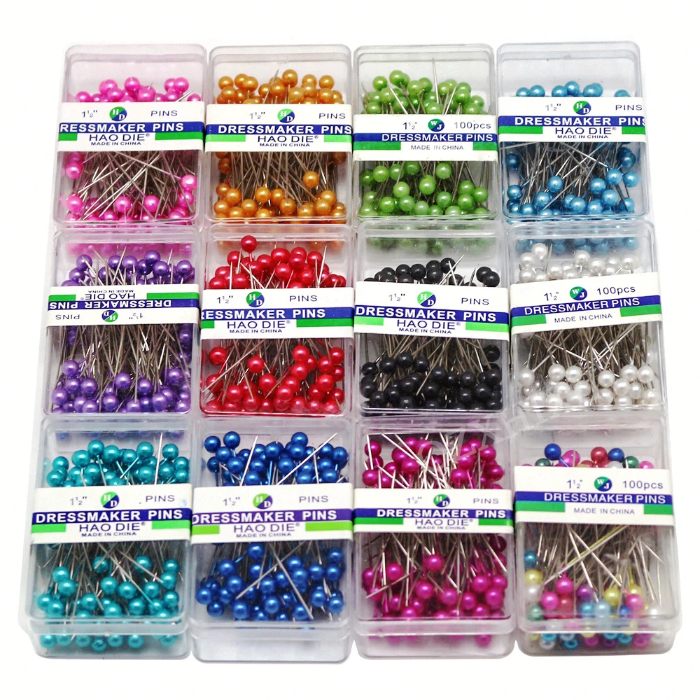 100Pcs/Box 38cm Colorful Round Pearl Head Needles Stitch Straight Push Positioning Sewing Pins For Dress Making DIY Sewing Tools