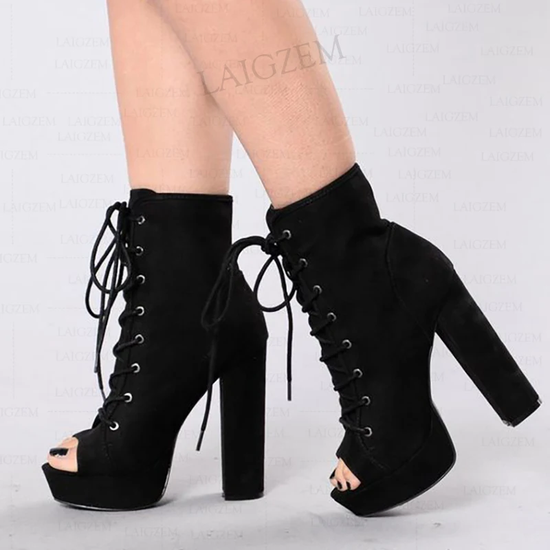 SEIIHEM Women Ankle Boots Platform Faux Suede Thick High Heels Short Boots Lace Up Ladies Shoes Woman Plus Size 35 40 43 45 52