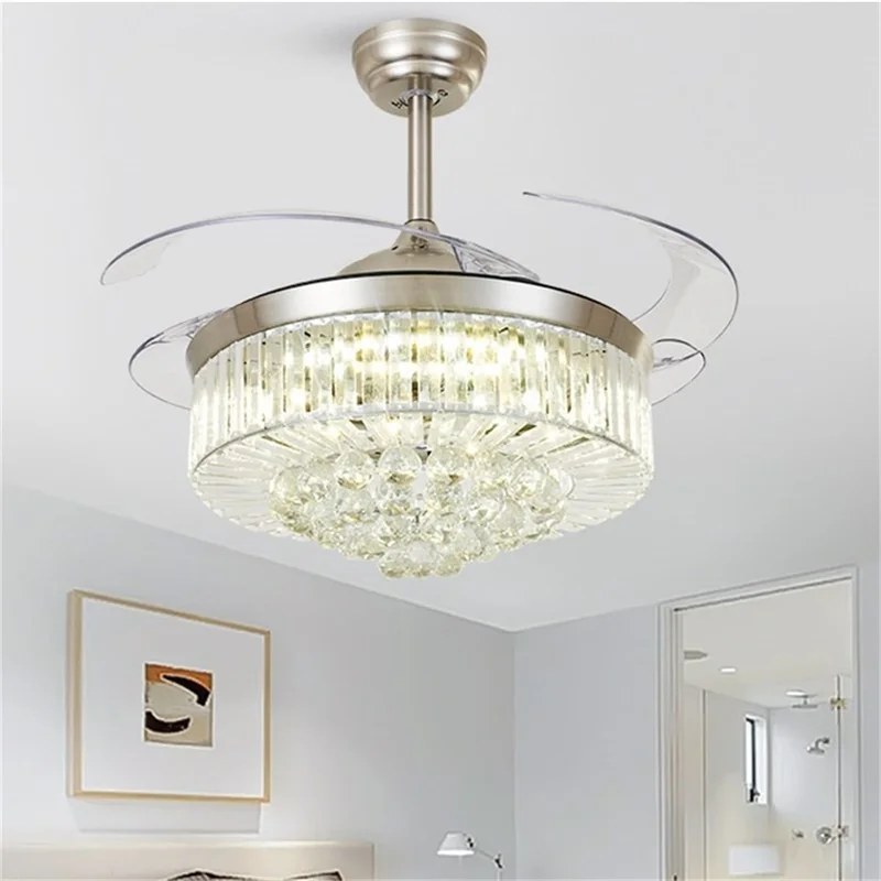 OUFULA Ceiling Fan Light Invisible Luxury Crystal Silvery LED Lamp With Remote Control Modern For Home