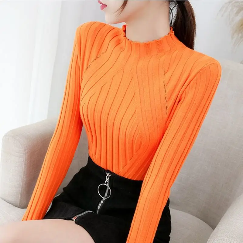 Pure Color Women\'s Autumn Basic Half High Neck Knitted Pure Color Tight-fitting Pullover Korean Style Long-sleeved Top Sweater