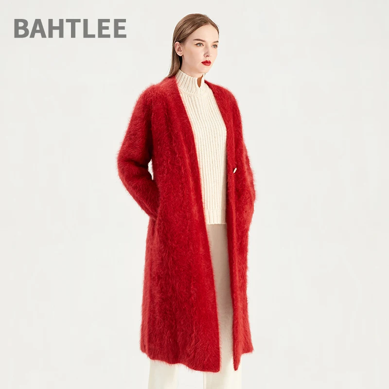 BAHTLEE-Women\'s Angora Long Thick Coat, Wool Cardigans, Knitted Jumper, Lantern Sleeves, V-Neck, Button, Winter