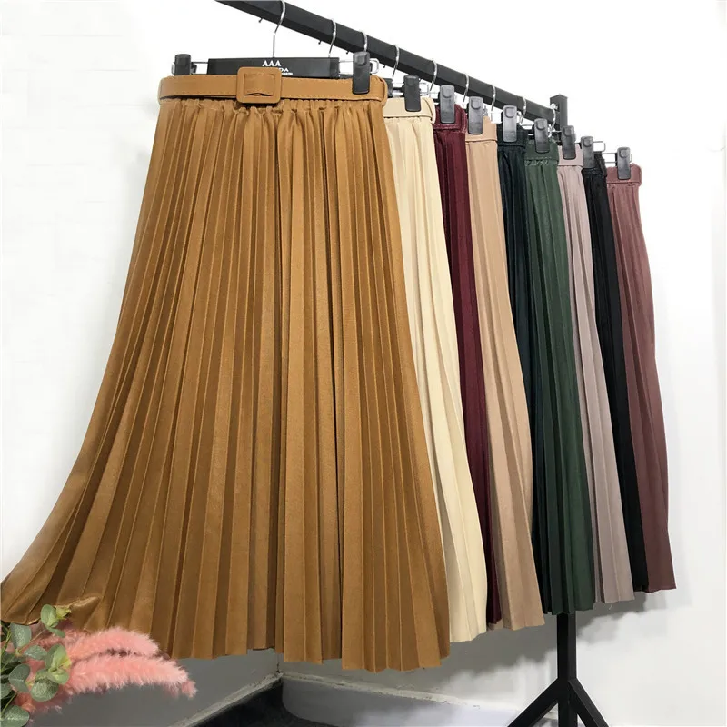 

New 2020 Spring Women Pleated Midi Skirts Womens Casual Solid Korean Elastic High Waist Skirt Pleated Skirt With Belt