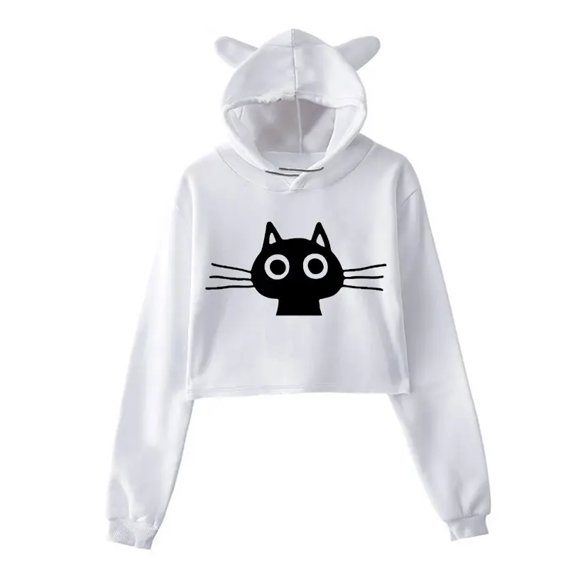 2020 Womens Clothing Winter Women Kawaii Hoodie Long Sleeve Casual Funny Black Cat Print Cropped Tops Female Ladies Sweatshirt