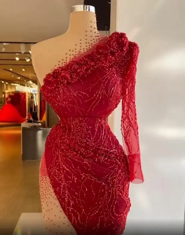 Sparkly 2021 Red Short Cocktail Dresses Long Sleeve Beading High Neck One Shoulder Formal Prom Gowns Party Homecoming Dress