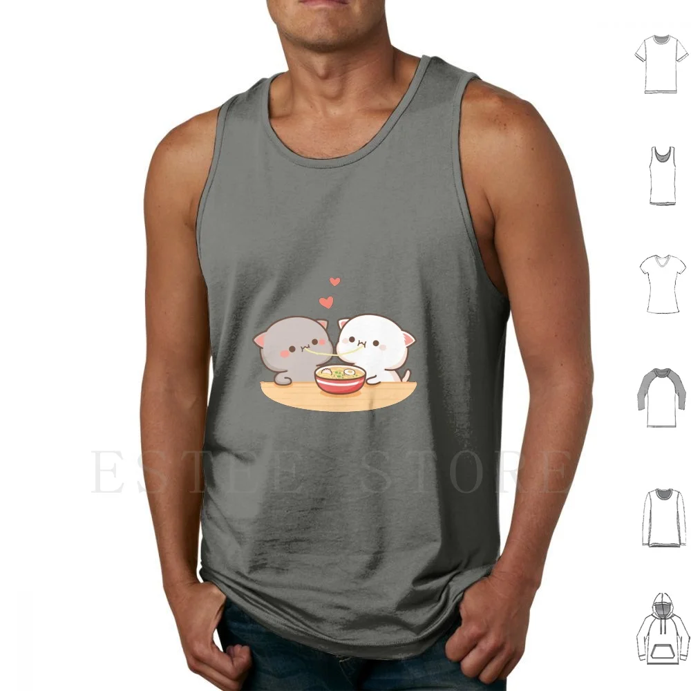 Camisetas sin mangas Peach And Goma Mochi Cat Eating Ramen, camiseta Peach Cat Goma Mochi Cat Kitty, linda, romántica, Kawaii, estilo novio
