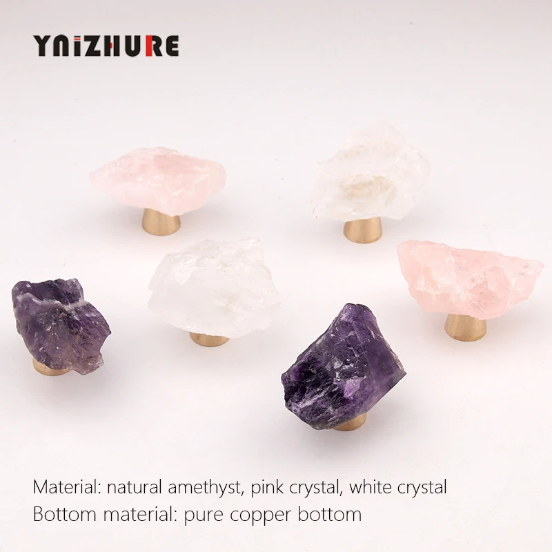 Brand New Luxury Natural Rough Crystal Amethyst Rose Quartz Brass Handle Drawer Kitchen Cupboard Wardrobe Door Knob Furniture