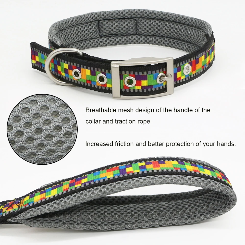 Reflective Dog Leash Collar Set, Adjustable Printed Mesh, Nylon, Durable, Small, Medium, Large Pets Collars