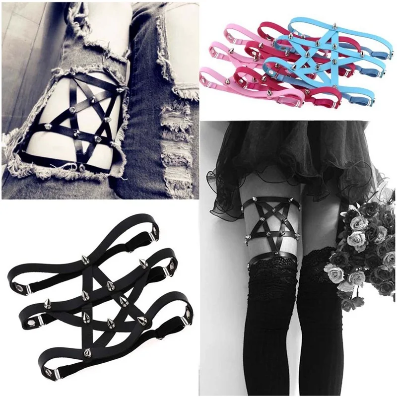 

Pentagram Sexy Elasticity Leather Harness Heart Leg Rivet Garter Belts Cosplay Spike High Quality Elastic Thigh Ring Garter