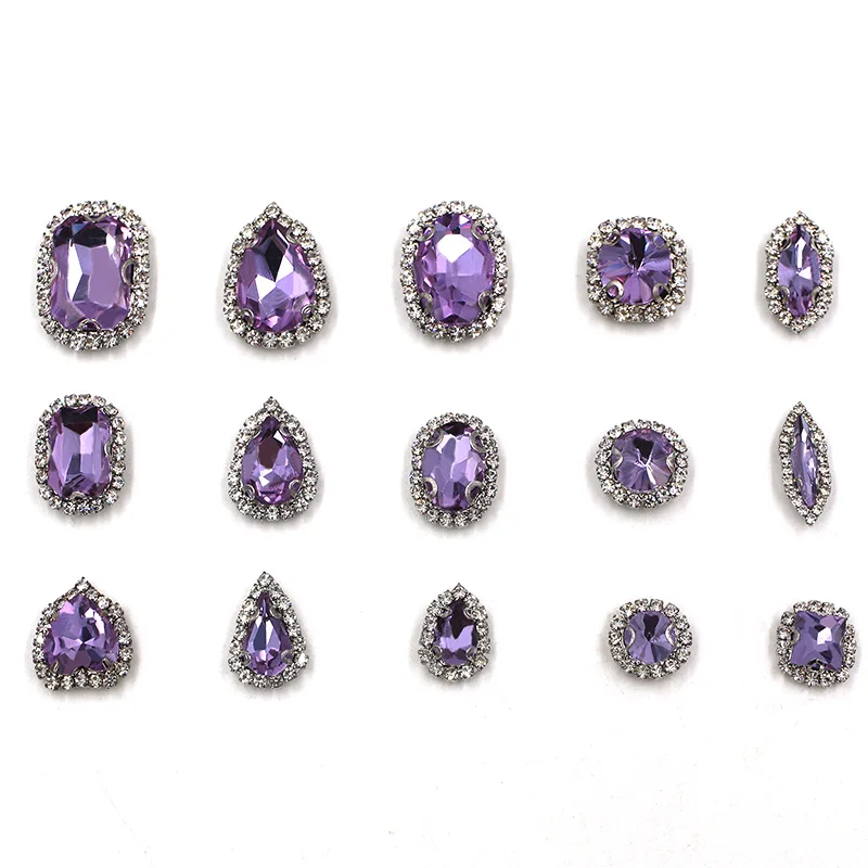 Hot sale violet mixed shape glass strass flatback sew on crystal button rhinestones for clothing/wedding decoration