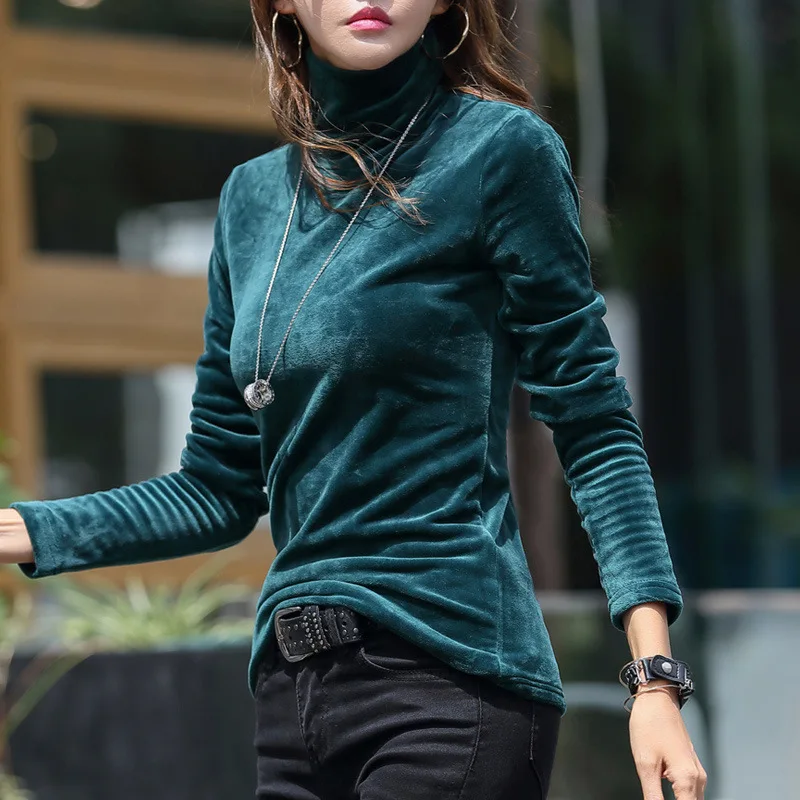 Plus Size S-4XL Turtleneck Velvet Fleece T-shirt Women Autumn Winter Stretchy Long Sleeve   Thick Warm Winter Velvet Tops Female