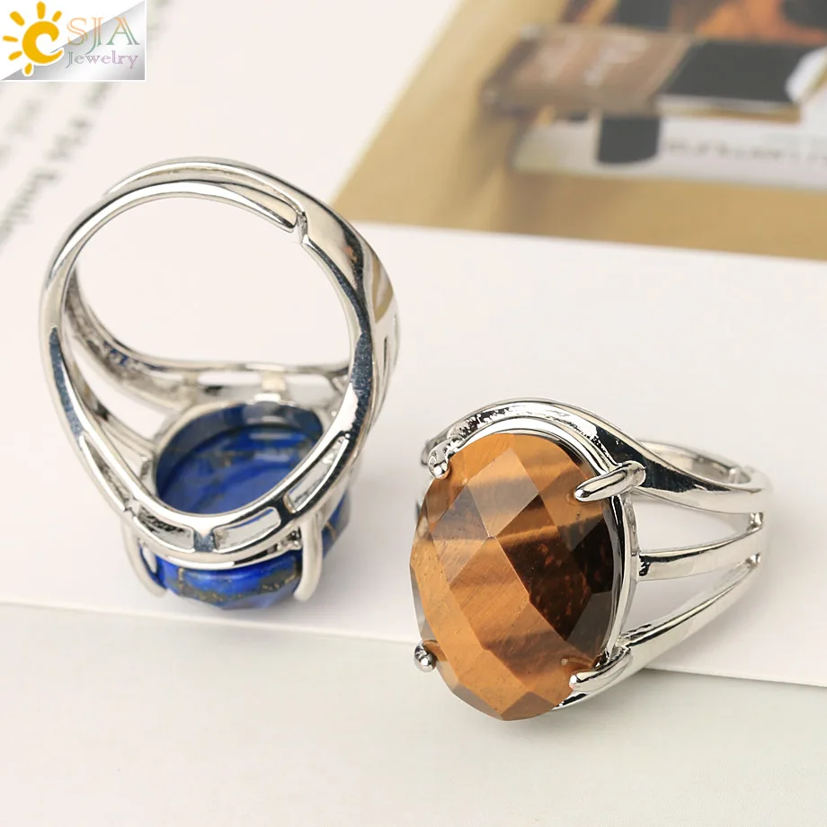 CSJA Egg Shape Natural Stone Rings Multifaceted Cabochon Purple Crystal Lapis Silver Color Finger Ring for Women Adjustable G616