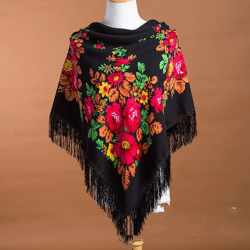 Bufanda cuadrada nacional rusa para mujer, chal de algodón con estampado de flores de gran tamaño, Fular Retro con flecos para invierno