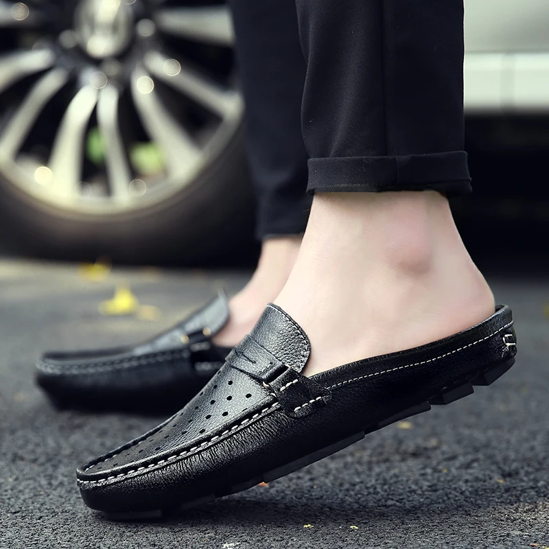 2025 Half Shoes For Men Loafers Leather Semi-Drag Loafer Slippers Slides Backless Casual Shoes Mules Man Outdoor Slip On Flats