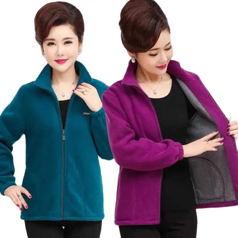 2025 New Autumn Mid-aged Women Fleece Jackets 5XL Casual Stand Collar Warm Jacket Zipper Outerwear Mother Winter Coat